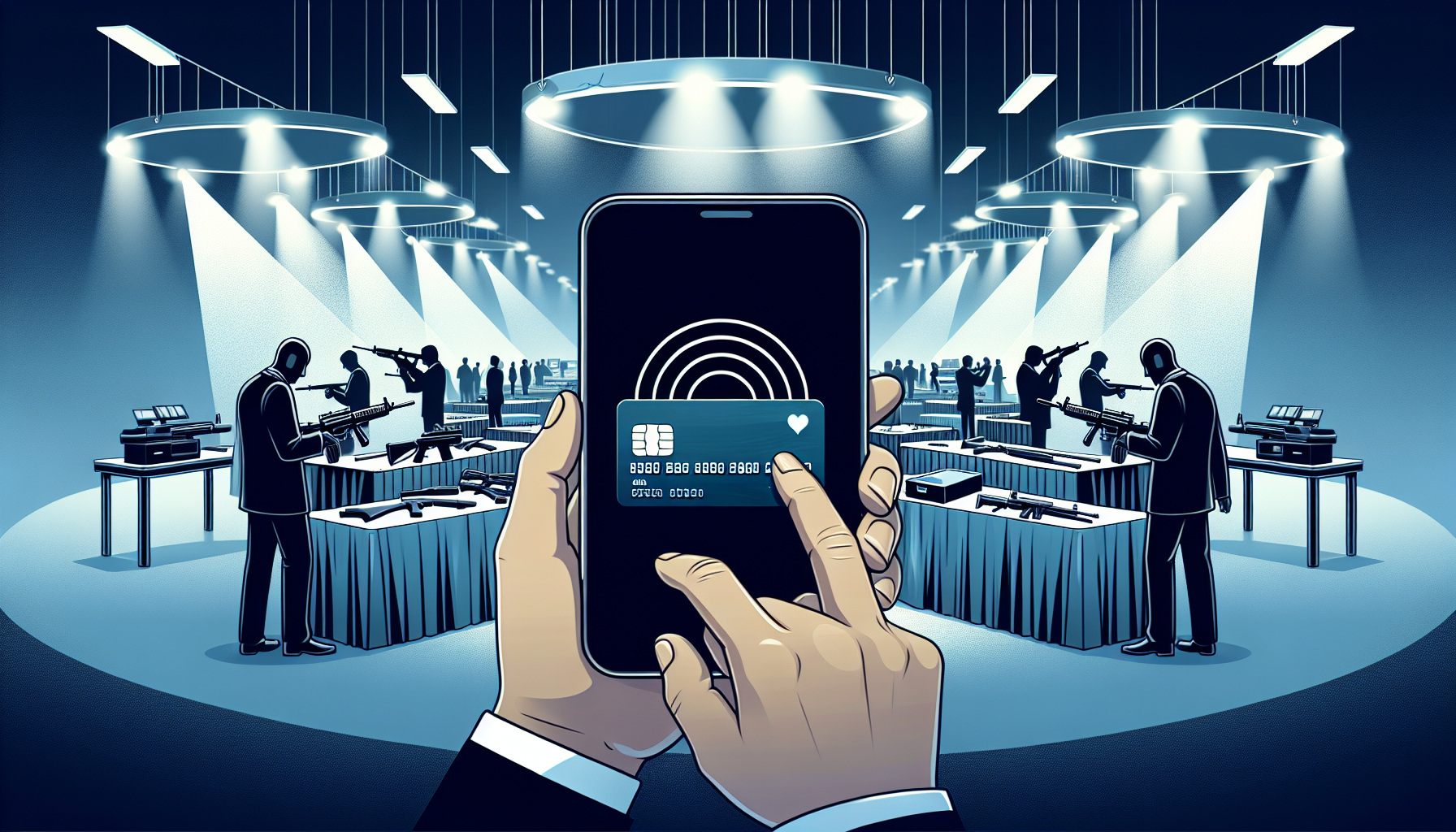 Illustration of a mobile phone with credit card and gun show in the background to represent mobile and gun show payment acceptance for firearms merchants