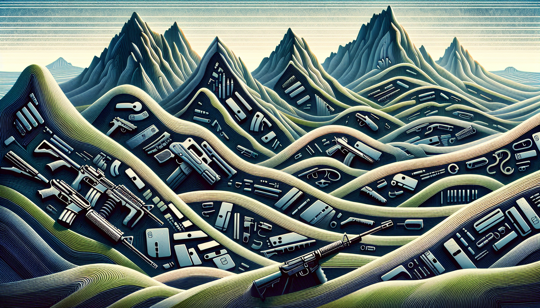 Illustration of a landscape with various credit card symbols and firearms to represent the complex landscape of gun-friendly merchant services