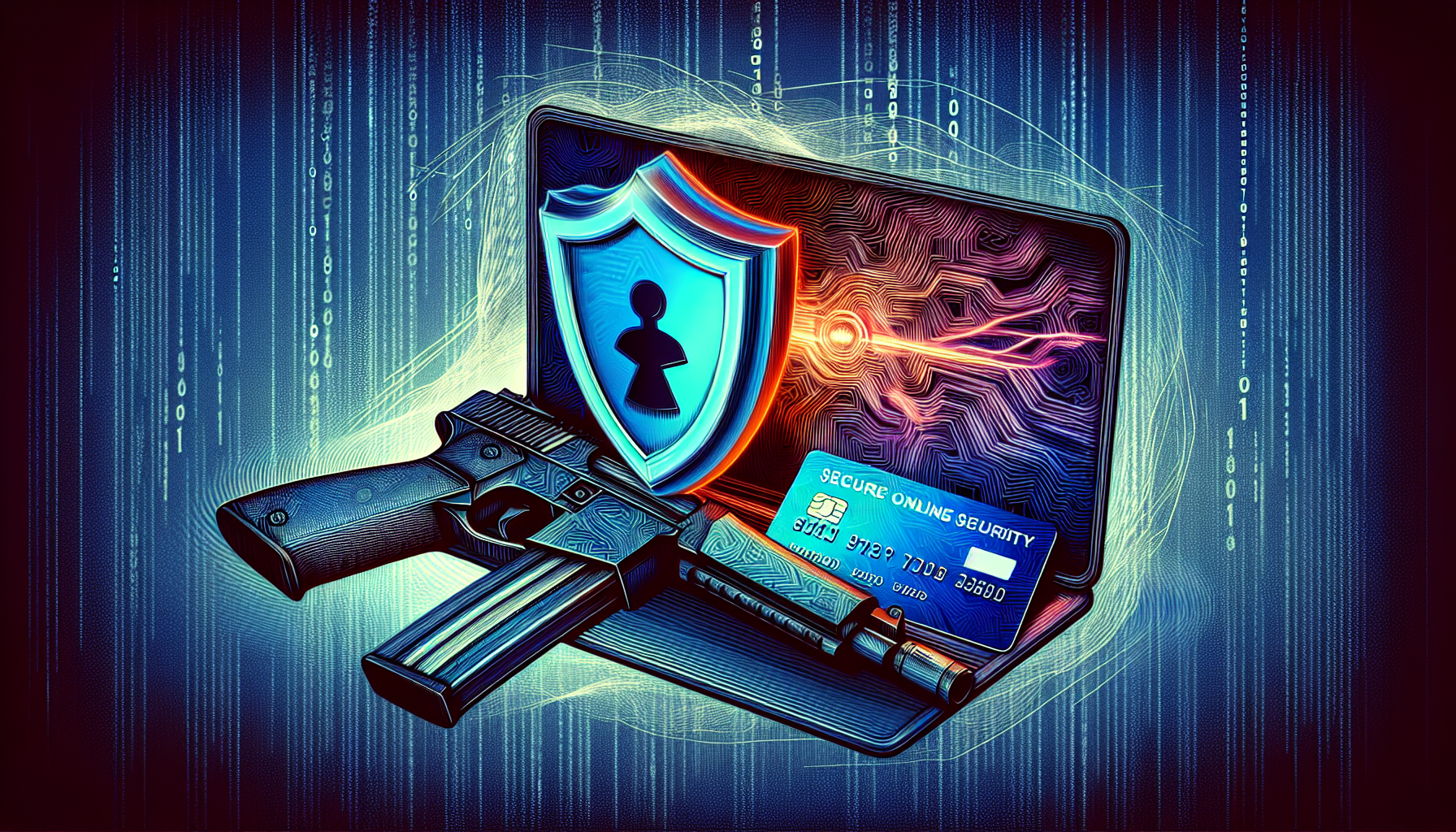 Illustration of a secure online transaction with a shield and credit card to represent secure online sales transactions for firearms merchants