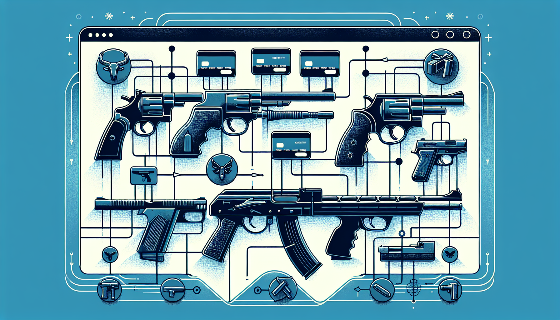 Illustration of an e-commerce platform with firearms and credit card symbols to represent the potential of e-commerce for firearms sales